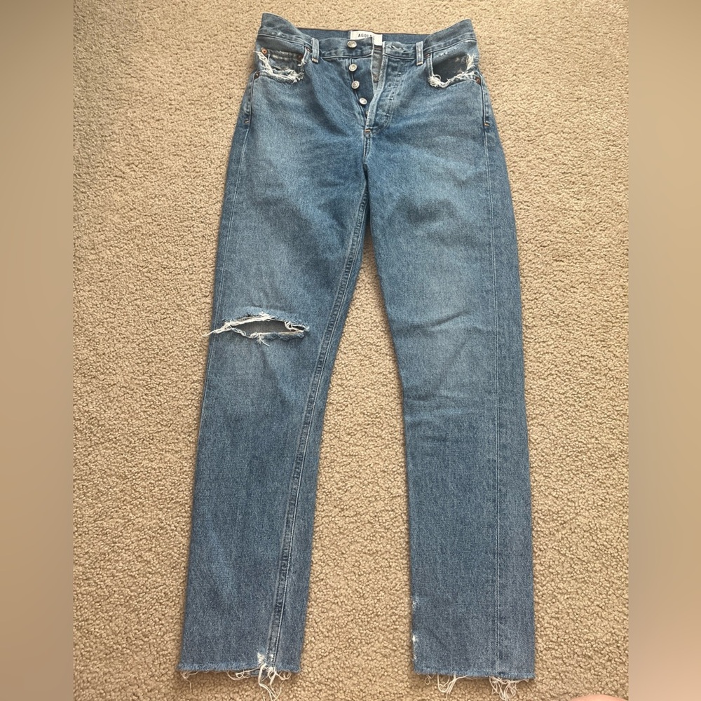 Agolde Feel Good Blue Straight Leg Jeans Distressed Knee